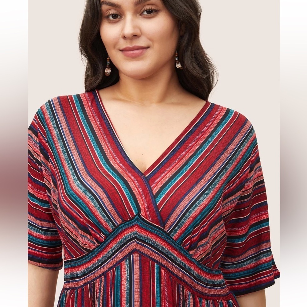 BloomChic Striped Contrast Dolman Sleeve Shirred Pocket Split Flutter Dress - Picture 6 of 7